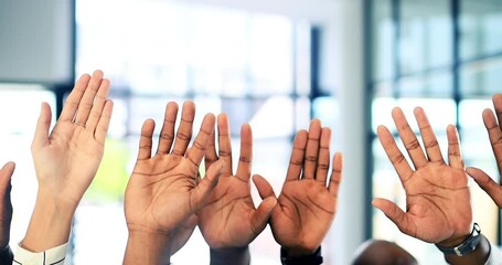 Hands, question and vote with a business team standing raised hand together in their office at work. Meeting, volunteer and faq with a man and woman employee group or audience at a conference