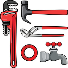 Plumbing, construction, building, renovation, carpentry repair tools set vector illustration | Hammer, tap, pip wrench, tape, pliers, wrench vector 