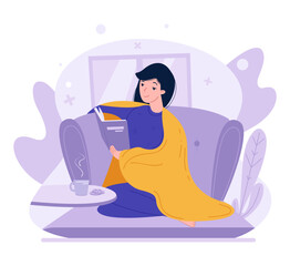 Woman reading book sitting wrapped in plaid vector