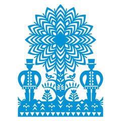 Polish folk art vector pattern Wycinanki Kurpiowskie with two men in hats, tree and birds - Kurpie paper cut outs design with rural scene
