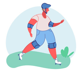 Active guy roller skater flat vector illustration