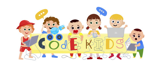 Children coding school or Kindergarten. Vector illustration.
