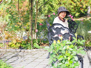 Fototapeta na wymiar バラ庭園のベンチで休憩する高齢日本人女性