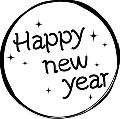 ハッピーニューイヤーの手書きロゴ　円形　ブラック