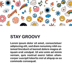 Fototapeta premium Retro groovy poster with set of hippie elements: rainbow, clouds, daisies, stars, records, glasses, hearts and wit place for text. Vintage hippie colors 1970.