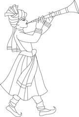 Indian man playing Indian wedding music instrument. vector Indian wedding symbol black and white and color illustration.