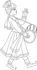 Indian man playing Indian wedding music instrument. vector Indian wedding symbol black and white and color illustration.