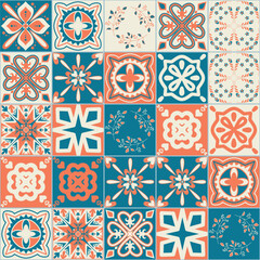 Ceramic tile design orange blue contrast color, square ceramic tiles in Spanish Azulejo talavera style, vector illustration