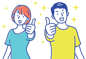 グッドサインを出す若い男女_キラキラ