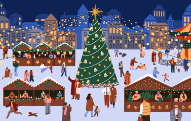 Winter old town with Christmas tree on Europe city square. People shopping at holiday market, Xmas fair on street. Characters outdoors at wintertime, festive urban scene. Flat vector illustration
