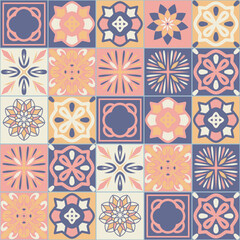 Azulejo ceramic square tiles, purple pink color, vector illustration for interior design