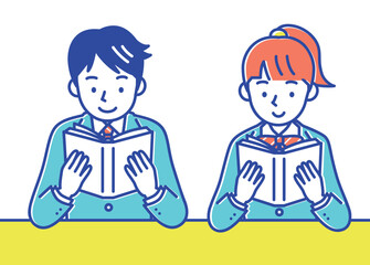 制服を着た本を読む男女の学生_セット