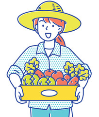 麦わら帽をかぶって野菜の箱を持つ若い女性