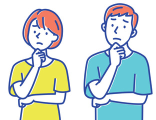 顎に手を当てて何かを考える若い男女　セット