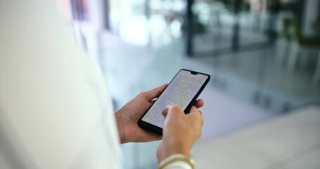 Businesswoman hands search mobile phone screen, office and reading notification, online pdf or ebook, connection and internet technology. Closeup female worker scrolling smartphone, mobile app and 5g - Powered by Adobe