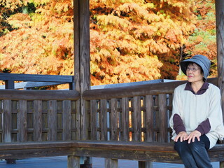 紅葉を背景にログハウスでくつろぐ高齢日本人女性