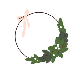 Christmas naked wreath. Xmas holiday circle ornament with round string frame and fir branches, berries, tied bow. Minimalistic festive decoration. Flat vector illustration isolated on white background