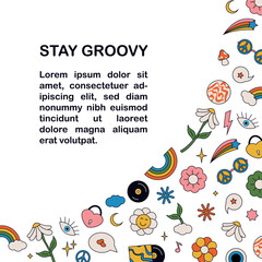 Groovy web poster in circle with set of hippie elements: rainbow, clouds, daisies, stars, records, glasses, hearts and wit place for text. Vintage hippie colors 1970.