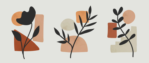 Set of watercolor botanical leaf background. Collection of botanical leaf branch with earth tone color organic shape, vintage style background. Design illustration for wall art, decoration, wallpaper.