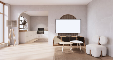 Living room, cabinet Tv and sofa armchair minimalist design muji style.