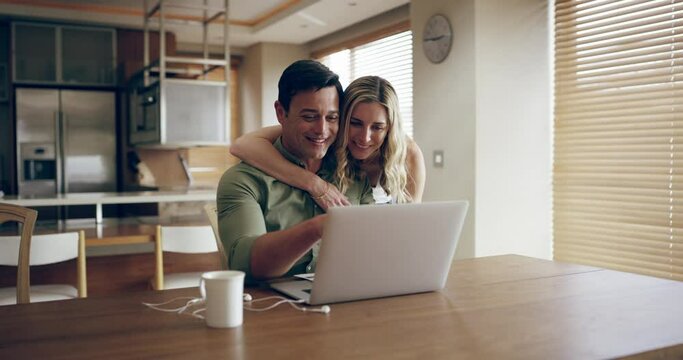 Couple, laptop and online banking, hug and ecommerce shopping, social media or funny internet post in home. Man, woman and pc technology, happy smile and internet with happiness together in house