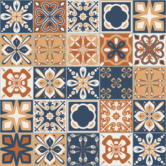 Spanish Azulejo style seamless pattern, brown beige blue ceramic tiles for design, vector illustration