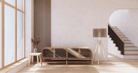 Fototapeta premium Cabinet wooden japandi design on living room wabi sabi style empty wall background