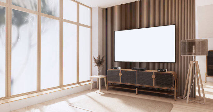 Cabinet wooden japandi design on living room wabi sabi style empty wall background