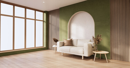 Minimalist Green Living Room muji style Interior Design have sofa wabisabi and decoration japandi.