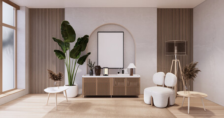 Living room, cabinet Tv and sofa armchair minimalist design muji style.