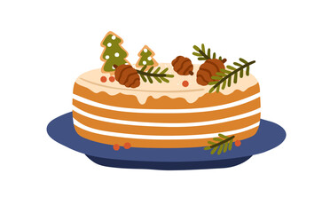 Christmas holiday cake. Sweet Xmas dessert, sugar food decorated with cones, fir tree cookies, branches. Winter confectionery with vanilla layers. Flat vector illustration isolated on white background