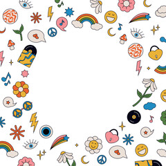 Groovy retro 1970 hippie elements in circle form: rainbow, clouds, daisies, stars, records, glasses, hearts etc. Vintage hippie color round banner.
