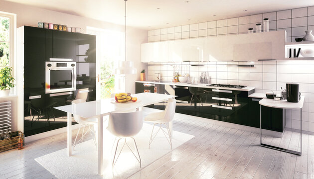 Ansicht von der Innenausstattung einer hellen, modernen Küche - 3D Visualisierung