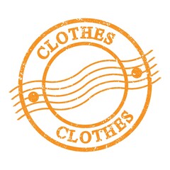 CLOTHES, text written on orange postal stamp.