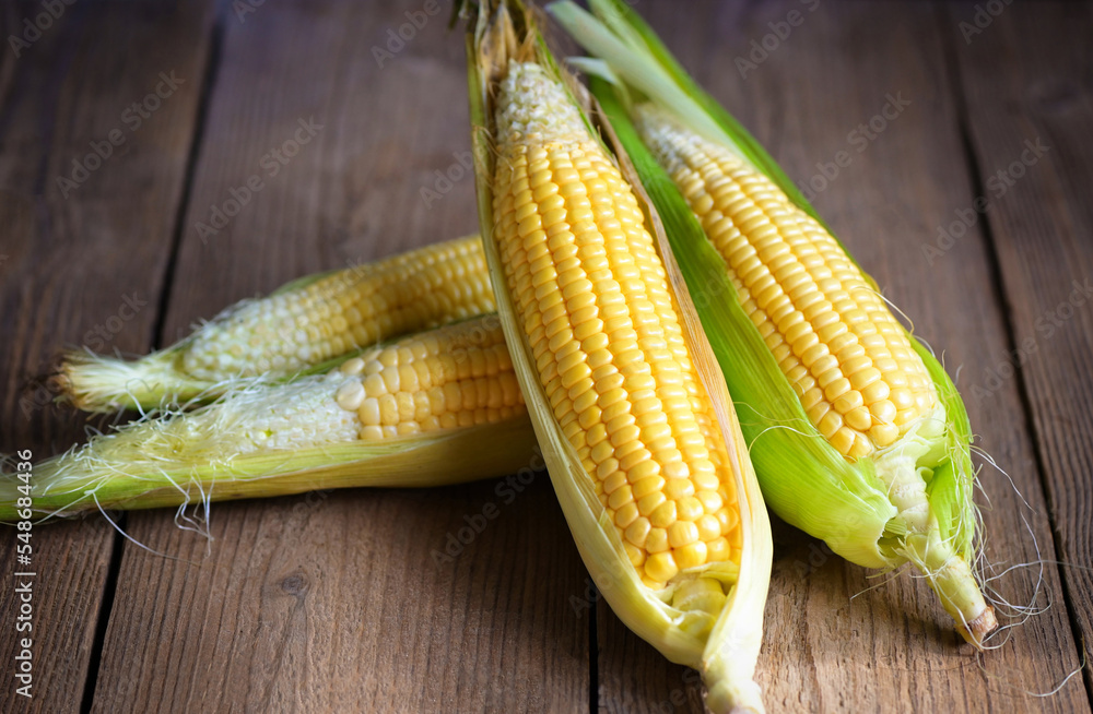 Wall mural corn on the cob, sweet corn for cooking food, fresh corn on wooden background, harvest ripe corn org