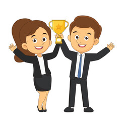 Award winning business company, man and woman holding trophy