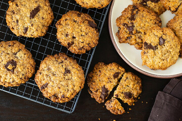 Sweet chocolate chip cookies with pieces of chocolate