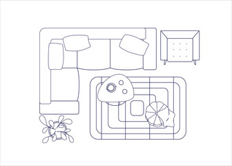 Living room interior design top view. Outlined floor plan with sofa, armchair, lounge furniture. Overhead corner couch, coffee table and carpet. Flat vector illustration isolated on white background