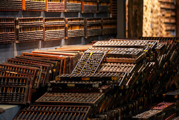 Pile of traditional Chinese wooden abacus in a thrift store