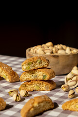 Biscotti Cantuccini Cookie Biscuits with pistachios and lemon peel Shortbread. Healthy eating food....