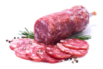 Sliced Smoked dry Salami sausage isolated on white background