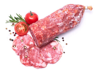 Sliced Smoked dry Salami sausage isolated on white background
