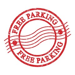 FREE PARKING, text written on red postal stamp.