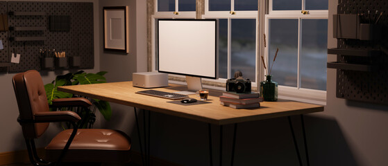 Home workspace at night with computer mockup on wood table, vintage brown lather chair