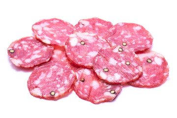 Sliced Smoked dry Salami sausage isolated on white background