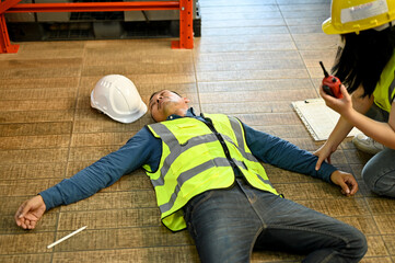 Unconscious man pass out while working in the warehouse, recused by a female colleague.