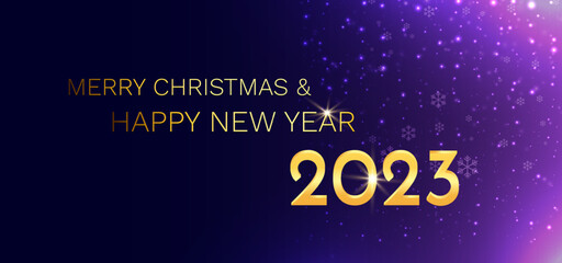Merry Christmas and Happy New Year 2023 with snowflake on purple bokeh background