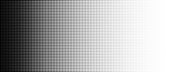 Halftone dot background pattern vector illustration. Monochrome gradient dotted modern texture and fade distressed overlay. Design for poster, cover, banner, business card, mock-up, sticker, layout. - obrazy, fototapety, plakaty