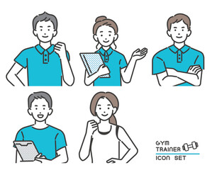スポーツジムで働く、ジムトレーナーやインストラクターの人々のベクターイラスト素材／ダイエット／筋トレ／パーソナルトレーニング