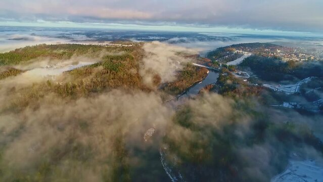 Scenic aerial view over Gauja river in wilderness; Gauja National Park, Latvia